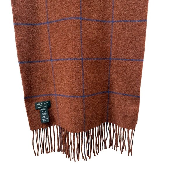 RAG & BONE Wool Scarf Rust Brown Windowpane Check Fringe Muffler Unisex Italy - Picture 2 of 10
